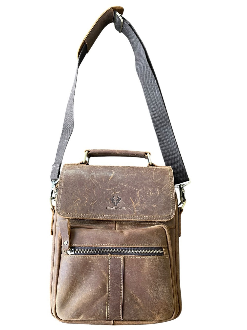 HUMERPAUL MEN’S VINTAGE LEATHER MESSENGER BAG Crazy Horse Leather Crossbody